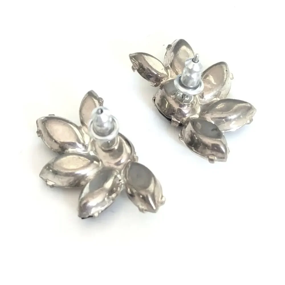 Vintage Stunning Glass Black Jet Rhinestone Cluster Evening Event Post Earrings
